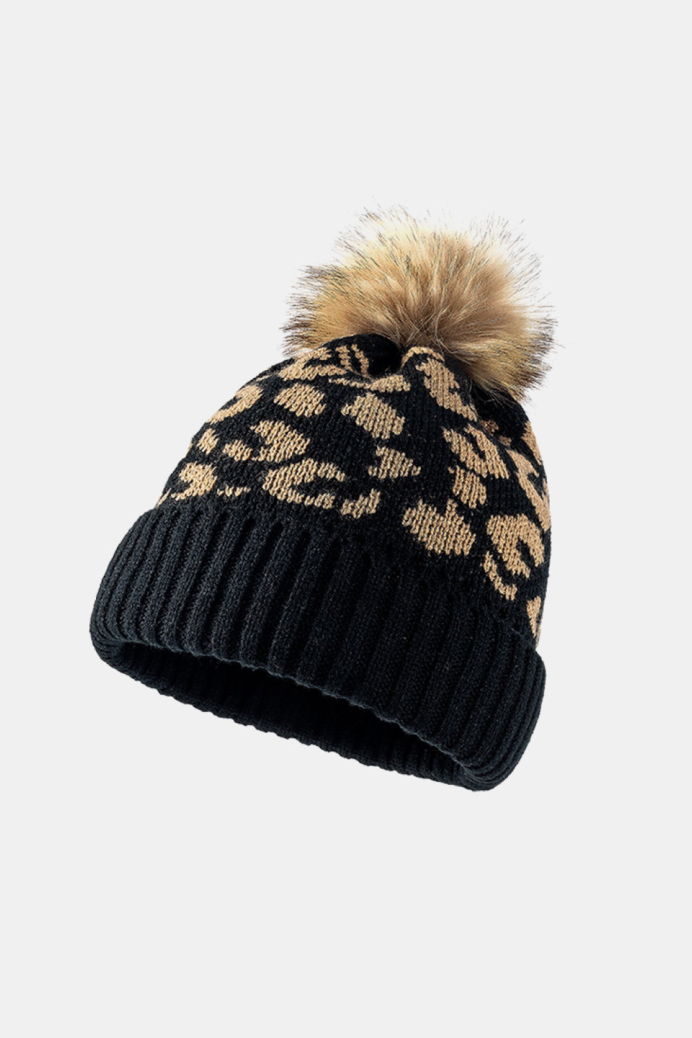 Black acrylic beanie with textured leopard print and faux fur pom.