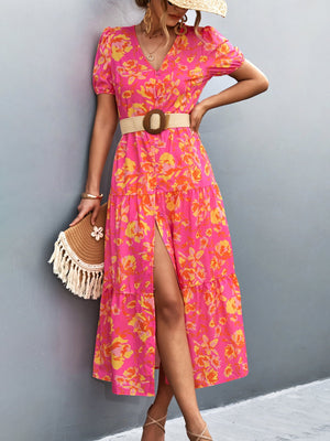 Hot pink floral print midi dress with puff sleeves, V-neck, and tiered skirt.