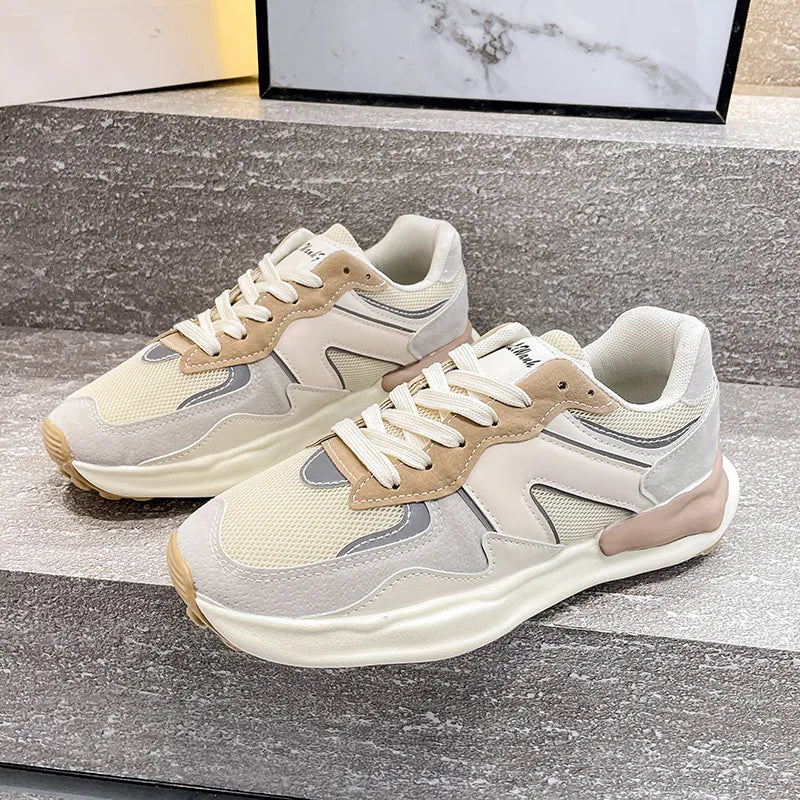 Panelled retro runner sneakers in beige and cream with suede and mesh details.