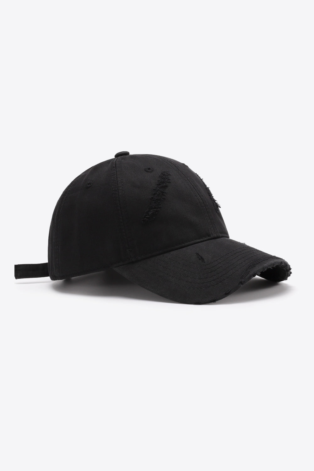 Black distressed baseball cap with adjustable strap