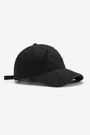 Black distressed baseball cap with adjustable strap