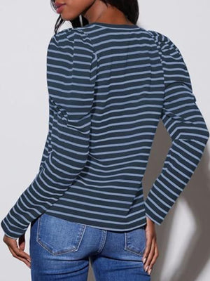 Breton stripe tee in navy and light blue with puff sleeves and a crew neck.