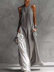 Gray two-tone maxi dress with pockets, sleeveless, round neck, comfortable maternity style