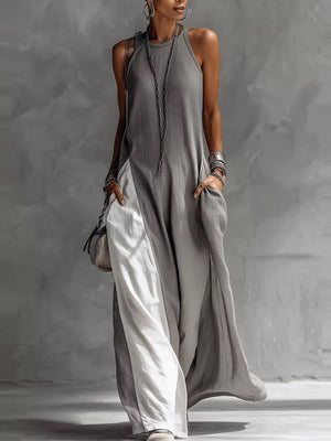 Gray two-tone maxi dress with pockets, sleeveless, round neck, comfortable maternity style