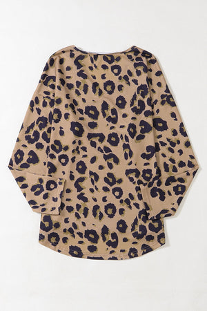Leopard print relaxed v-neck top in khaki with long sleeves.