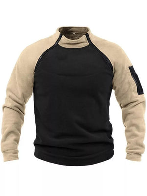 Men's two-tone fleece sweatshirt with zippered pockets and mock neck.