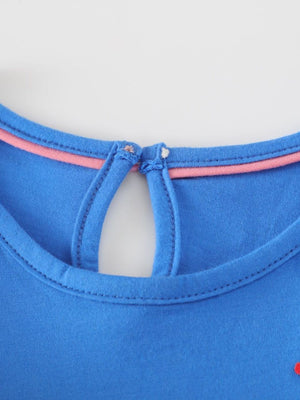 Blue cotton baby dress with keyhole back and pink trim