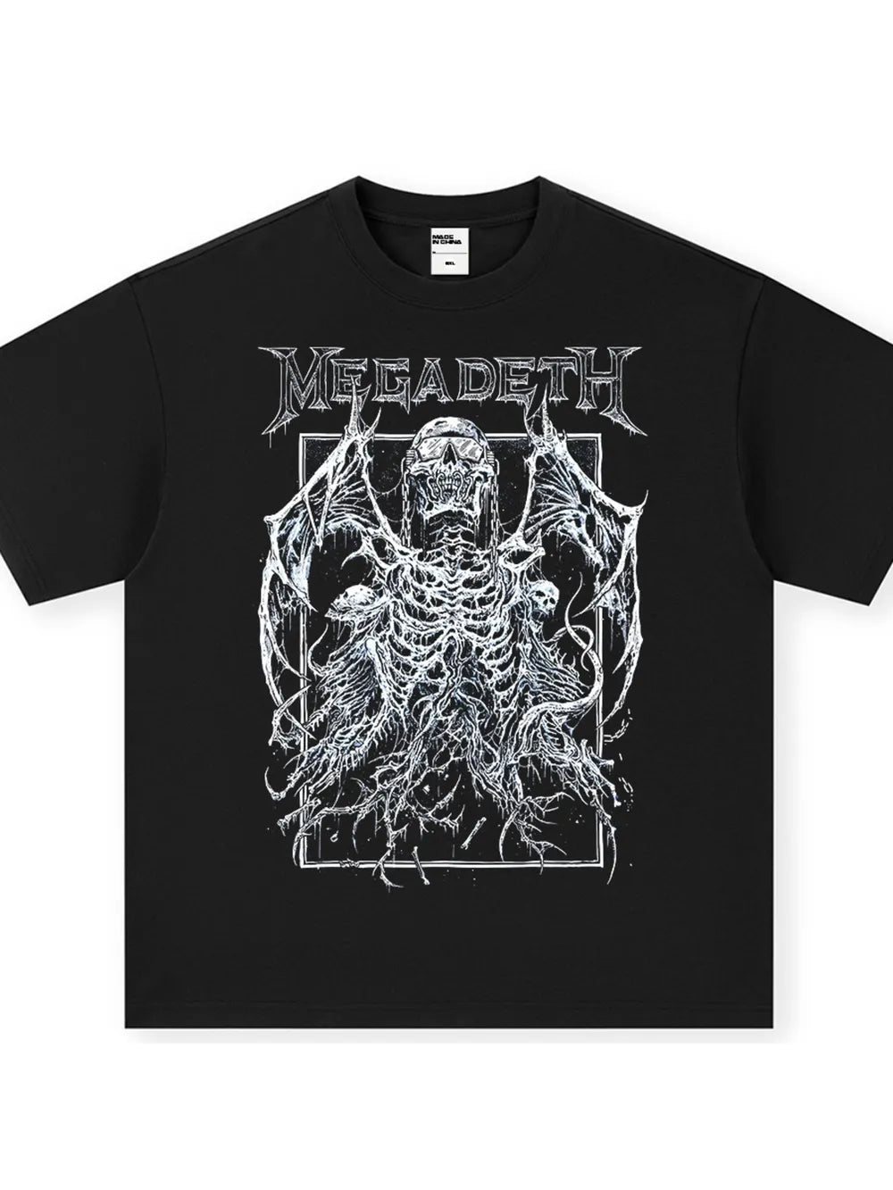 Black crew neck graphic tee with a white skeletal winged figure and Megadeth logo.