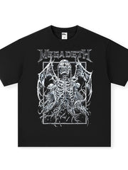 Black crew neck graphic tee with a white skeletal winged figure and Megadeth logo.
