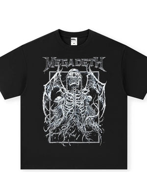 Black crew neck graphic tee with a white skeletal winged figure and Megadeth logo.