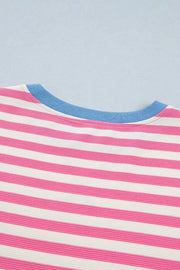 Short sleeve tee with pink and white stripes and a blue crew neck.