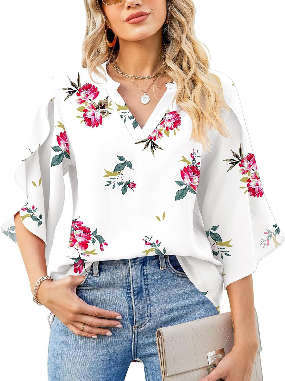 White floral print blouse with flutter sleeves and V-neck