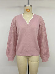 V-neck Openwork Long Sleeve Sweater, front view