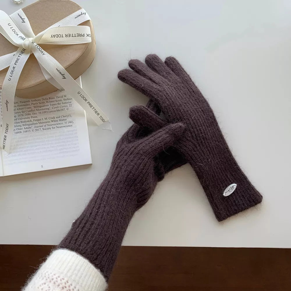 Luxurious ribbed knit touchscreen gloves in coffee brown with a small logo detail.