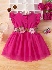 Deep Rose baby dress with floral appliqué belt, ruffle sleeves, and button front.