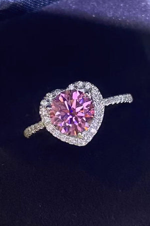 Pink moissanite heart halo ring with diamond band