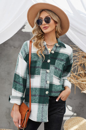Oversized green and white checkered shacket with button-down front and patch pockets.