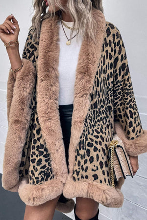 Leopard print cape with faux fur trim in beige, camel, and chocolate tones.