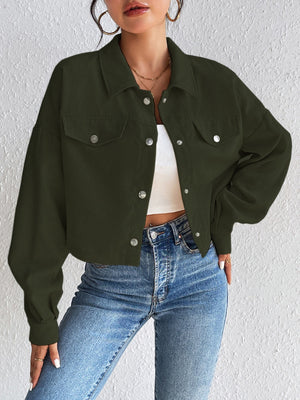 Cropped army green corduroy jacket with snap front and chest pockets