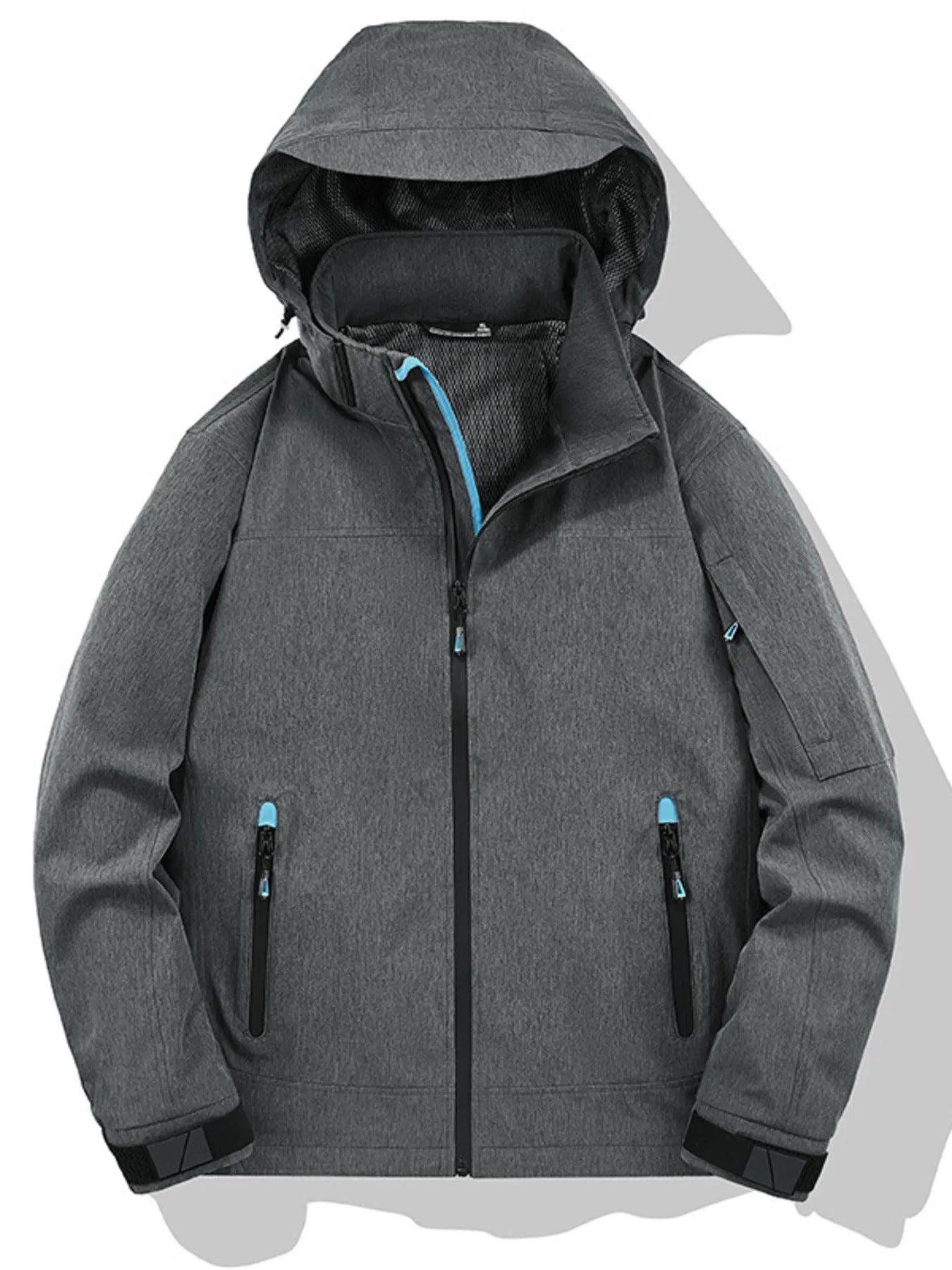 Plus-size iron gray hooded zip-up jacket with blue zipper accents and functional pockets.