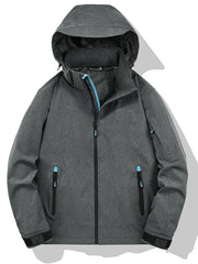 Plus-size iron gray hooded zip-up jacket with blue zipper accents and functional pockets.