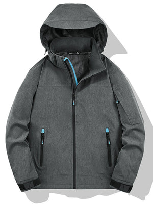 Plus-size iron gray hooded zip-up jacket with blue zipper accents and functional pockets.