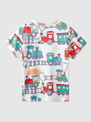 White toddler t-shirt with a playful all-over train print and short sleeves.