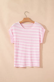 Striped Print Waffle Knit T Shirt in Blush Pink, fabric detail