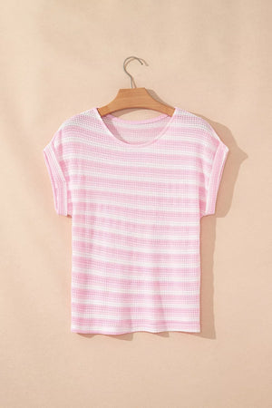 Striped Print Waffle Knit T Shirt in Blush Pink, fabric detail