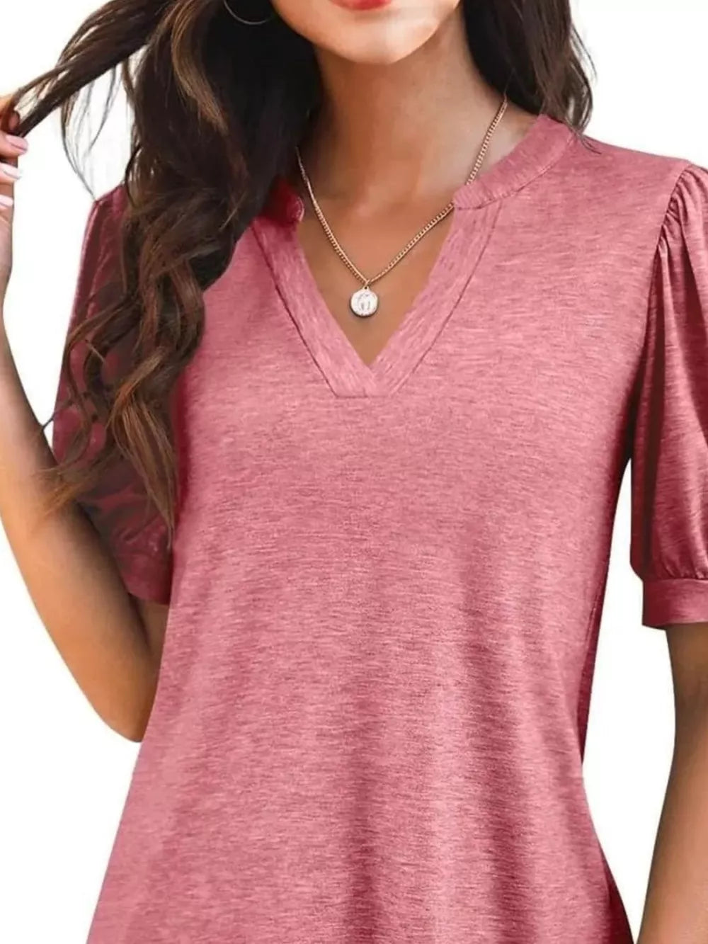 Puff sleeve notched V-neck t-shirt in rose pink with a subtle heathered texture.