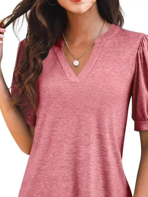 Puff sleeve notched V-neck t-shirt in rose pink with a subtle heathered texture.