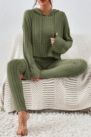 Army green ribbed knit cropped lounge set with hoodie and flared sleeves