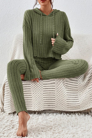 Army green ribbed knit cropped lounge set with hoodie and flared sleeves
