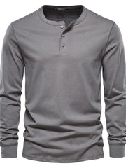 Gray long sleeve Henley knit t-shirt with button placket and crew neck.
