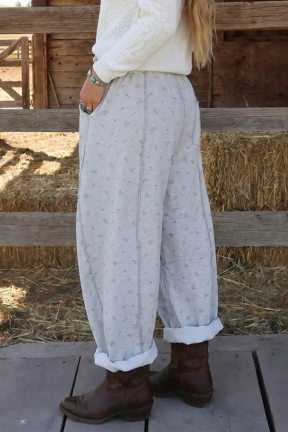 Floral Print Elastic Waist Regular Fit Pants in Light Gray, back view