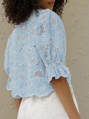 Charming Floral Embroidery Puff Sleeve Shirt