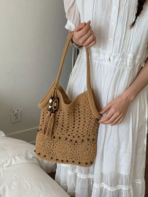 Knit Crochet Handbag in Brown, close-up detail