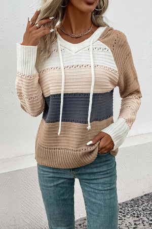 Striped knit hooded sweater in khaki with white drawstring and open knit details.