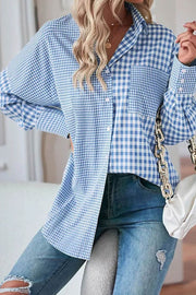 Light blue gingham oversized shirt with patch pocket and button front.