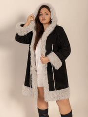 Black hooded duster coat with faux shearling trim and lining.