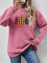 Blush pink crewneck sweatshirt with plaid trees graphic and Merry Christmas text.