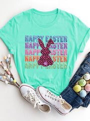 Aqua t-shirt with leopard bunny graphic and stacked "Happy Easter" text.