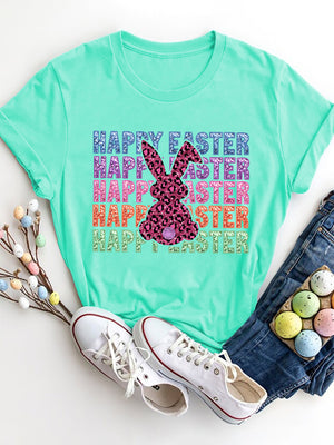 Aqua t-shirt with leopard bunny graphic and stacked "Happy Easter" text.