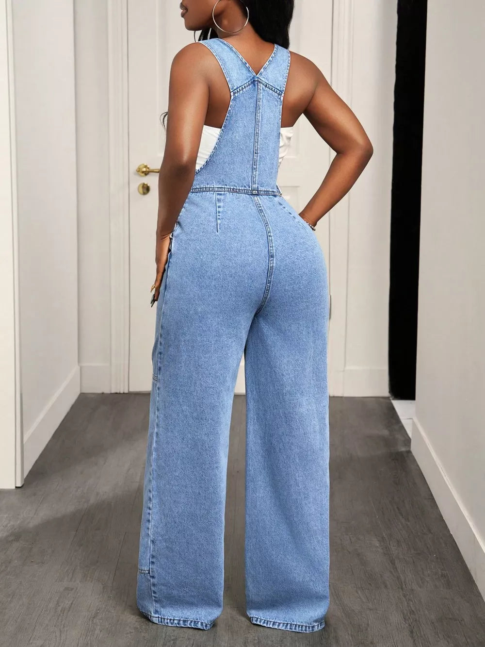 Wide Strap Wide Leg Denim Overalls, fabric detail