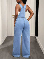 Wide Strap Wide Leg Denim Overalls, fabric detail