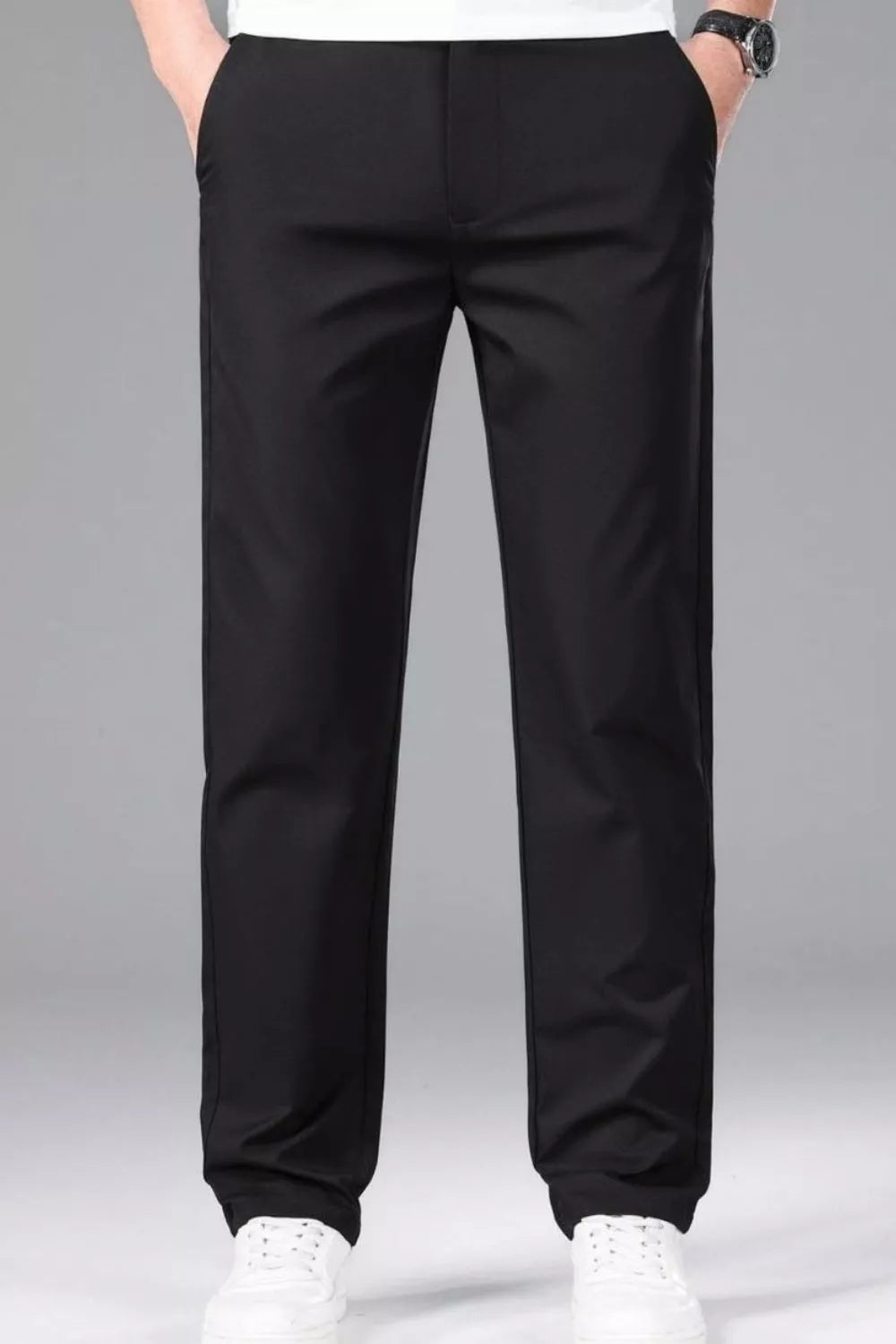 Men's black slim-fit stretch dress pants with a basic style and smooth finish.