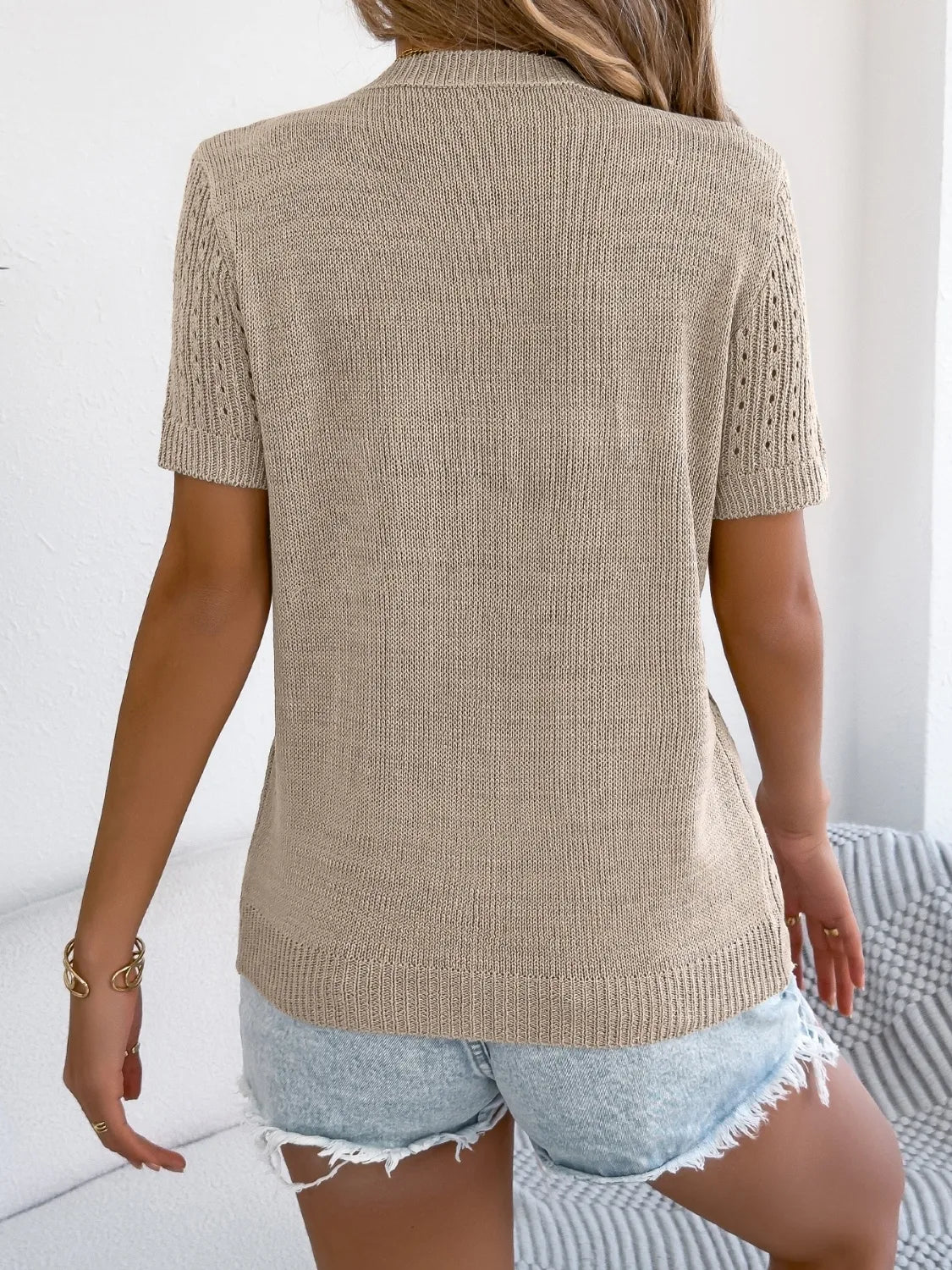 Dust Storm knit button-up cardigan with short sleeves and open knit detail