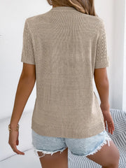 Dust Storm knit button-up cardigan with short sleeves and open knit detail
