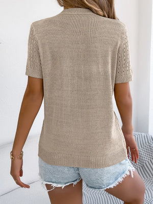 Dust Storm knit button-up cardigan with short sleeves and open knit detail