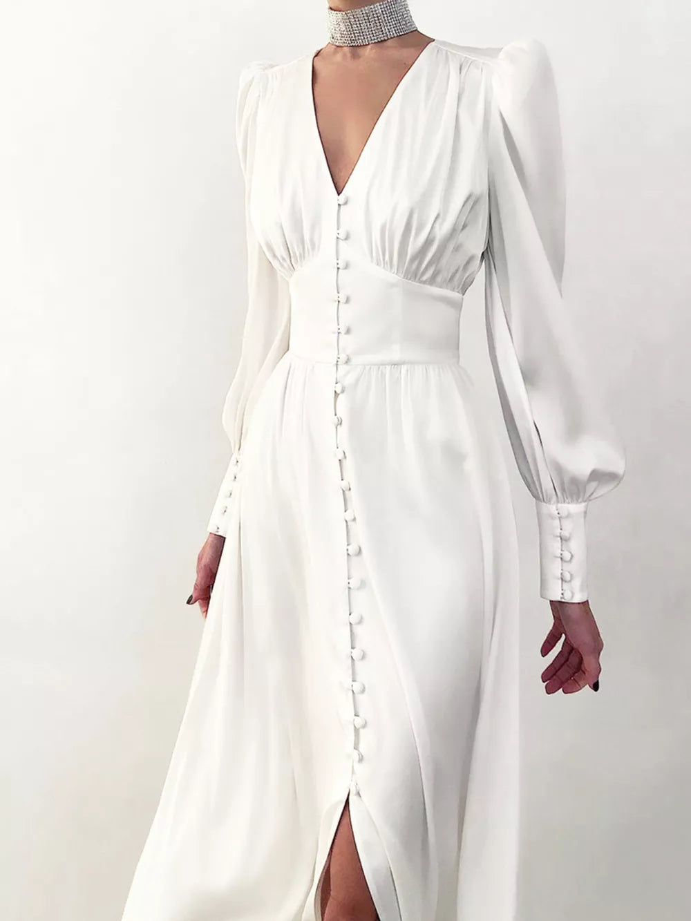 Elegant V-neck Puff Sleeve Button-down Midi Dress in White, side view